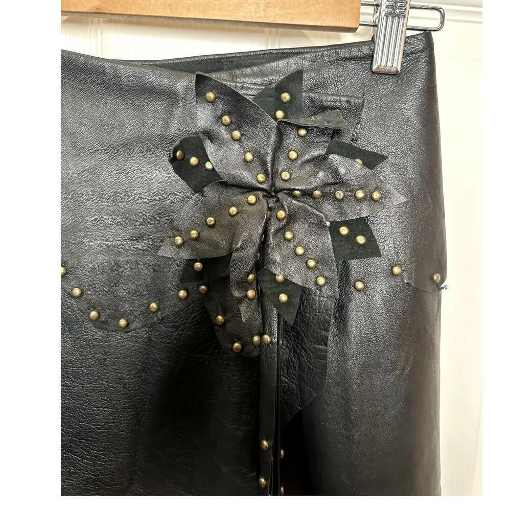 Y2K Jessie USA Black Leather Flower Embellishment W.Studs Asymmetrical Skirt 2